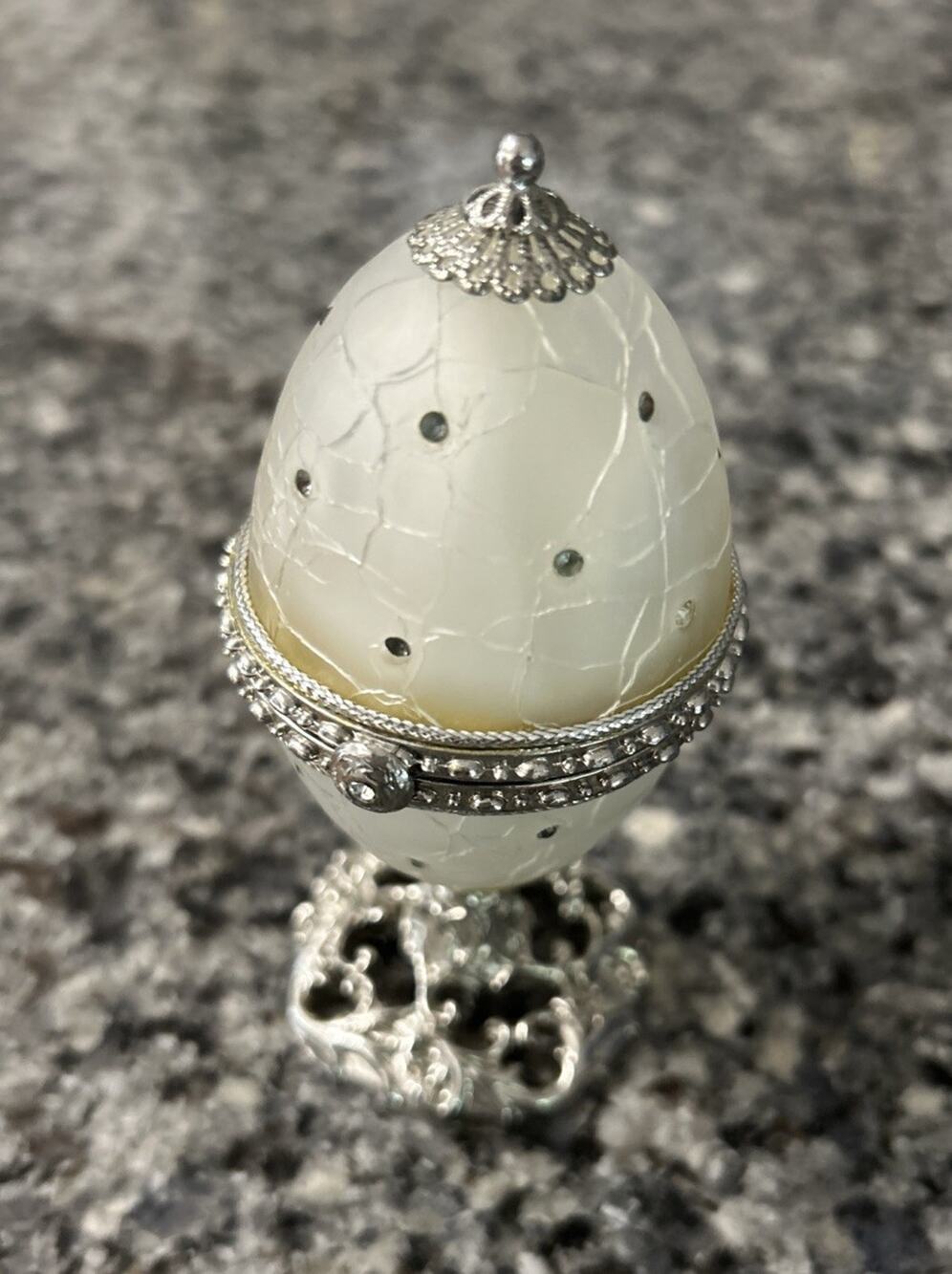 Fabergé Style Decorative Egg Trinket Box -w Rhinestone Silver Tone Hinged